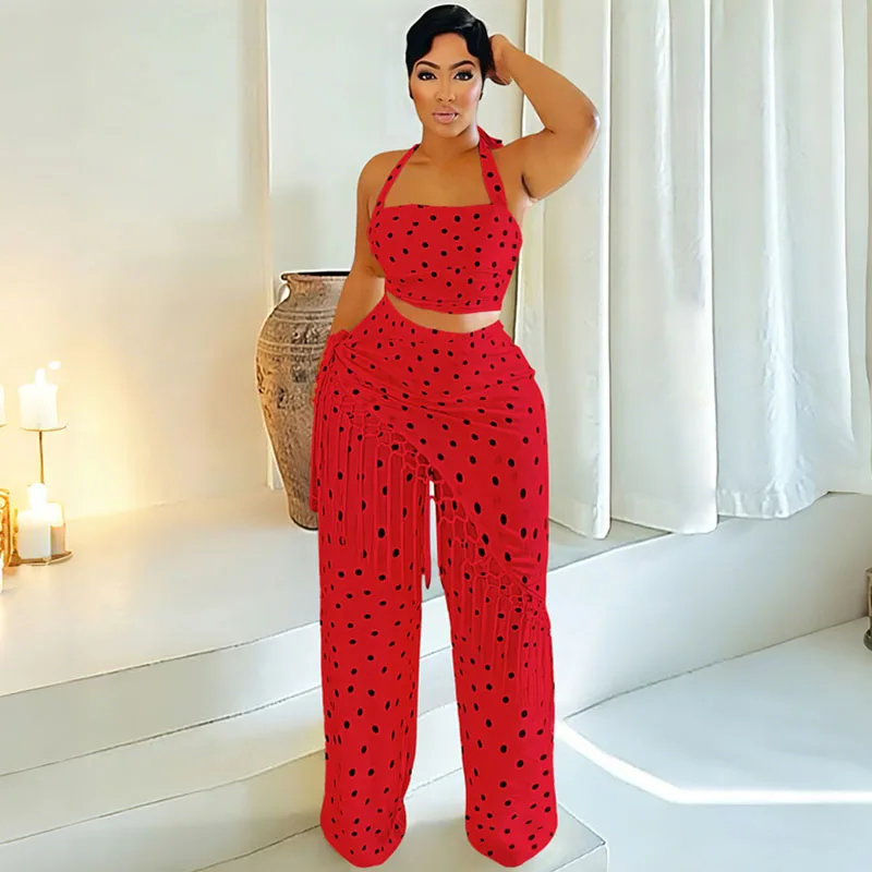 

Комплект Doyerl из 2 предметов в горошек: летний женский наряд для отпуска, клуба, вечеринки – топ-халтер и брюки с широкими штанинами и бахромой, сочетающиеся комплекты