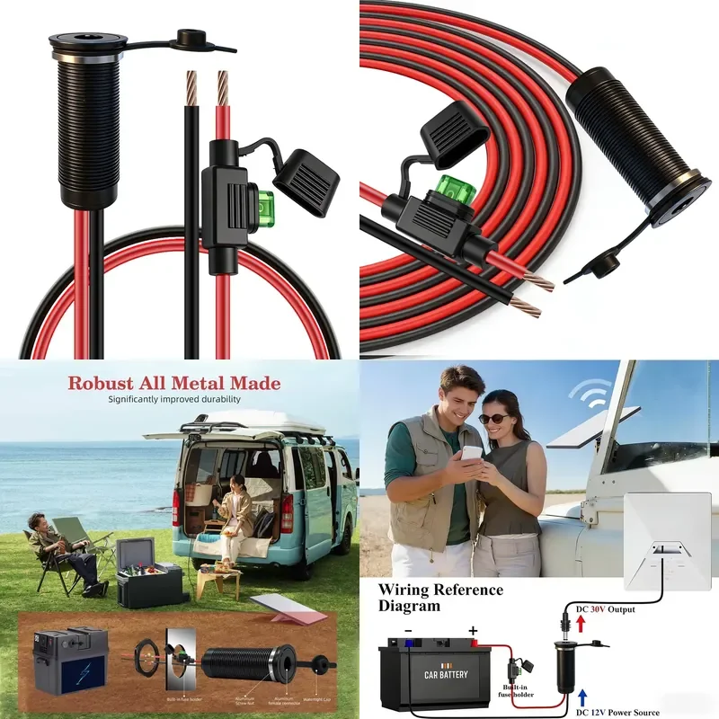 12V to 30V boost DC power cord waterproof RV wall socket with embedded fuse, suitable for cars, campers, boats