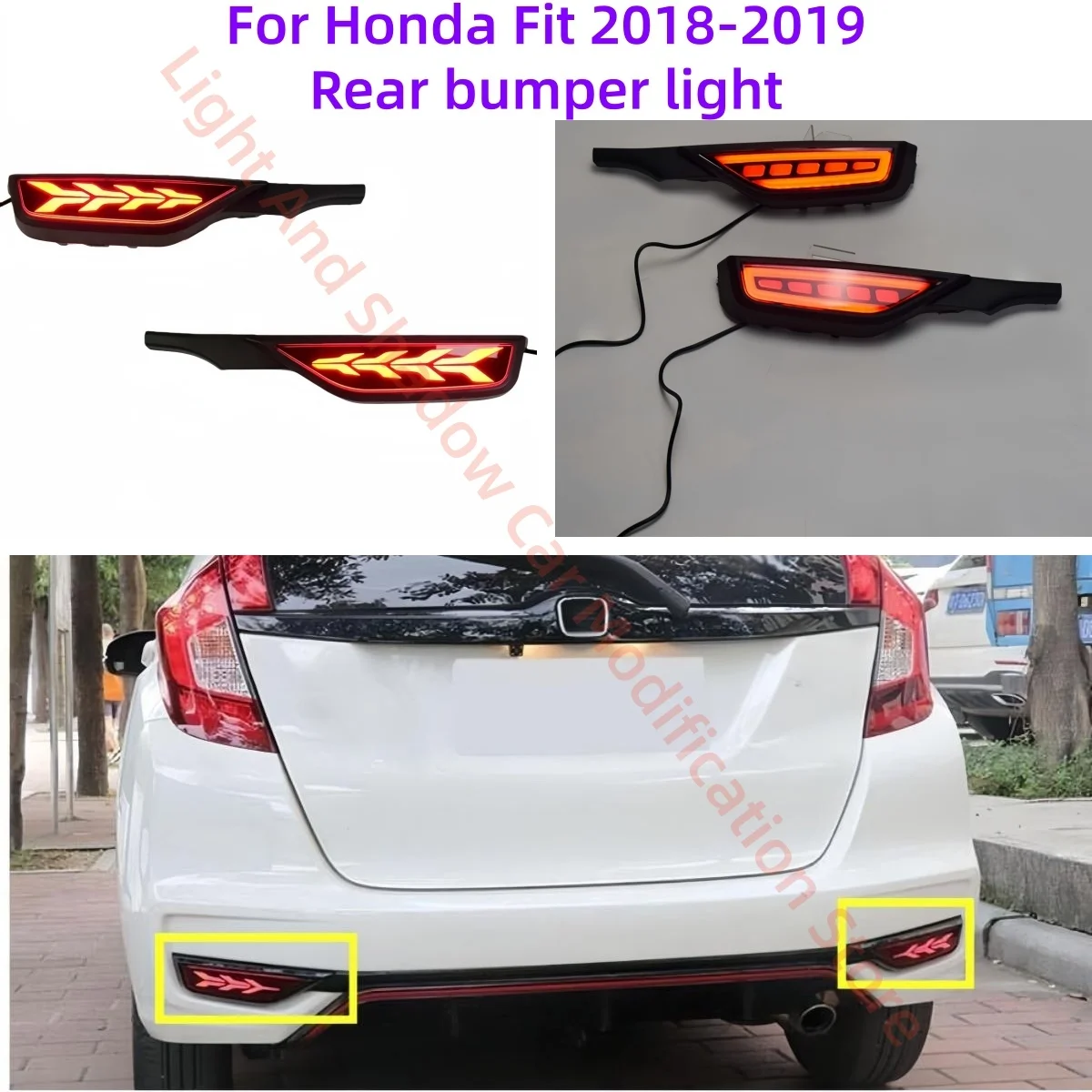 

Для Honda Fit 2018-2019: Модифицированные задние бамперные фонари (стоп-сигналы, указатели поворота, ходовые огни) с 3 режимами работы. Автозапчасти.