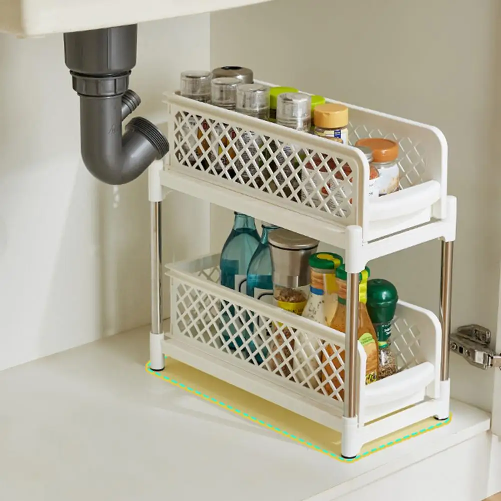 Kitchen Storage Shelf Double-layer Sliding Under-sink Organizer Rack with Capacity Strong Load-bearing for Easy Assembly Cabinet