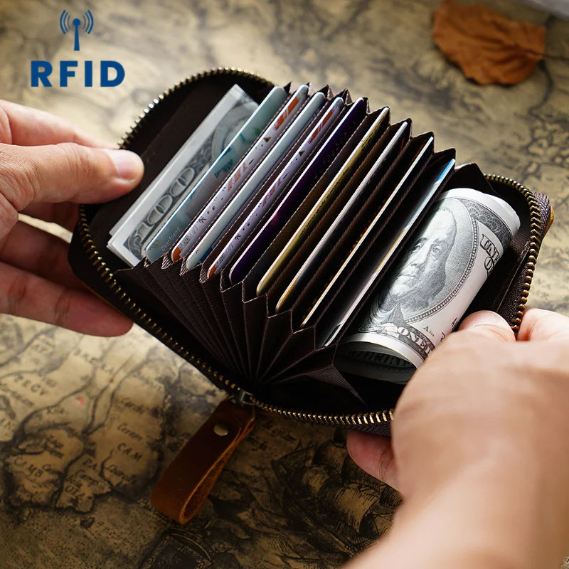 Crazy Horse Skin RFID Anti Magnetic Card Bag Large Capacity Card Holder Organ Bag Clip Multi Card Holder Genuine Leather Retro Z