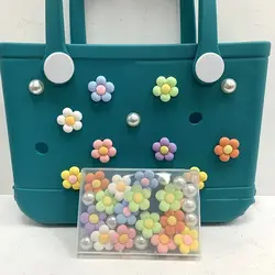 24Pcs Flowers and Pearls Charms for Bogg Bag Compatible with Women Rubber Beach Bag Tote Handbag Decoration