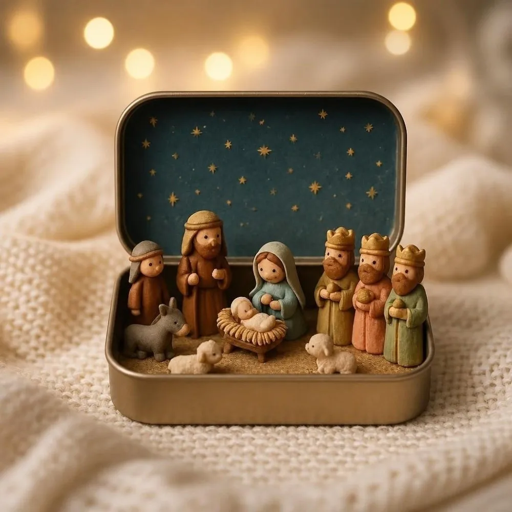 Metal Tin Box Mini Christmas Trough Set Hand Painted 3D Printed Nativity Manger Scene Kit Shepherd Animal Holy Family