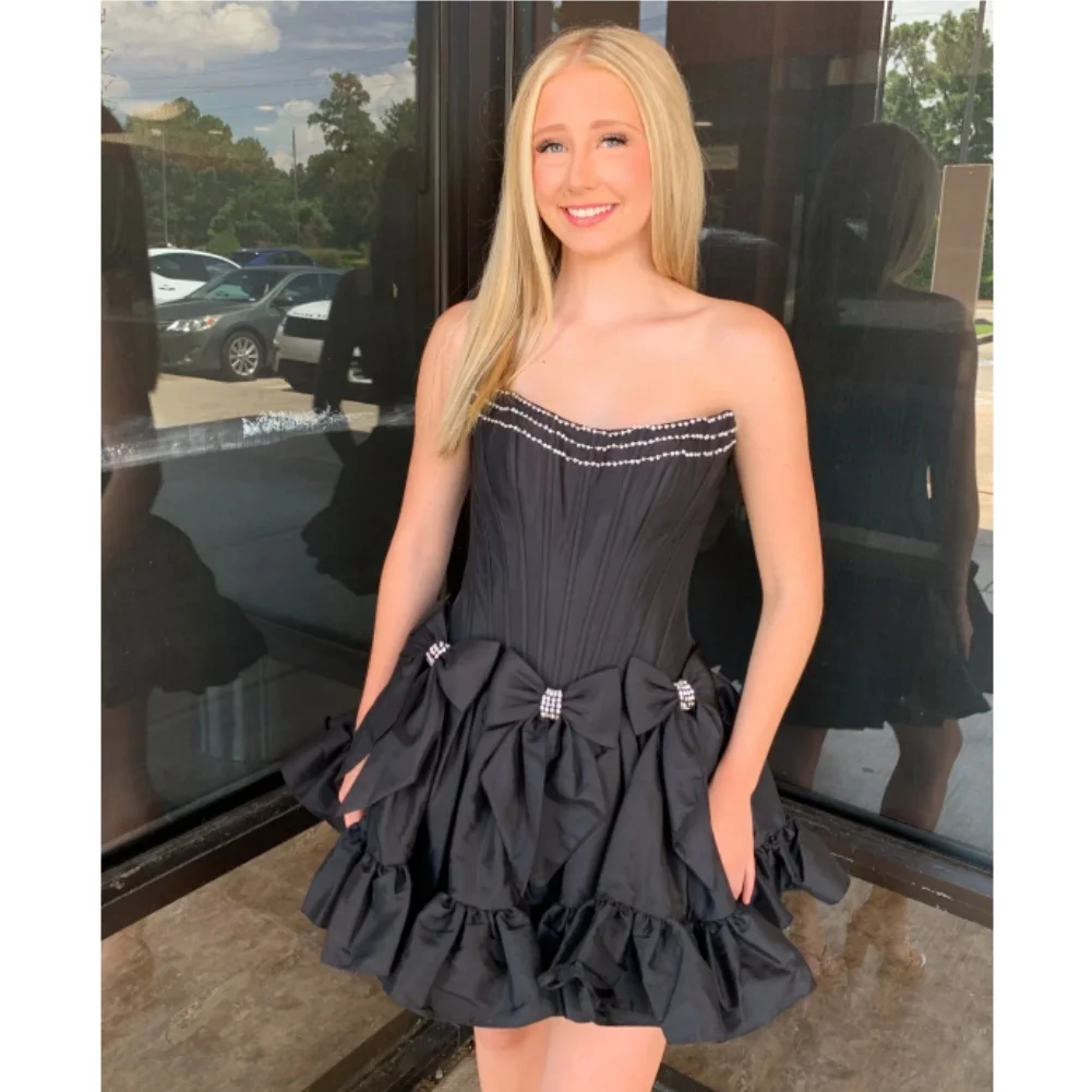 

Satin Bow Homecoming Dresses Strapless A-Line Mini Prom Dresses Beaded Ball Gowns for Teens Corset Ruffle Cocktail Party Dress