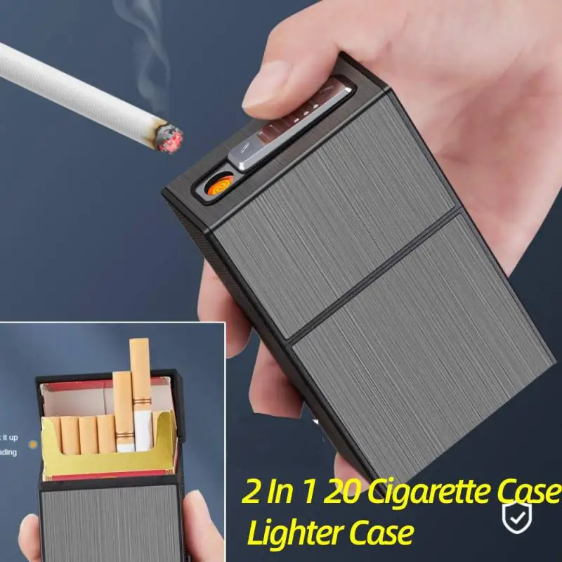 2024 New Can Hold 20 New Metal Cigarette Case Flashlight USB Lighter Windproof Jet Rechargeable Gas Lighter Men's Gadget