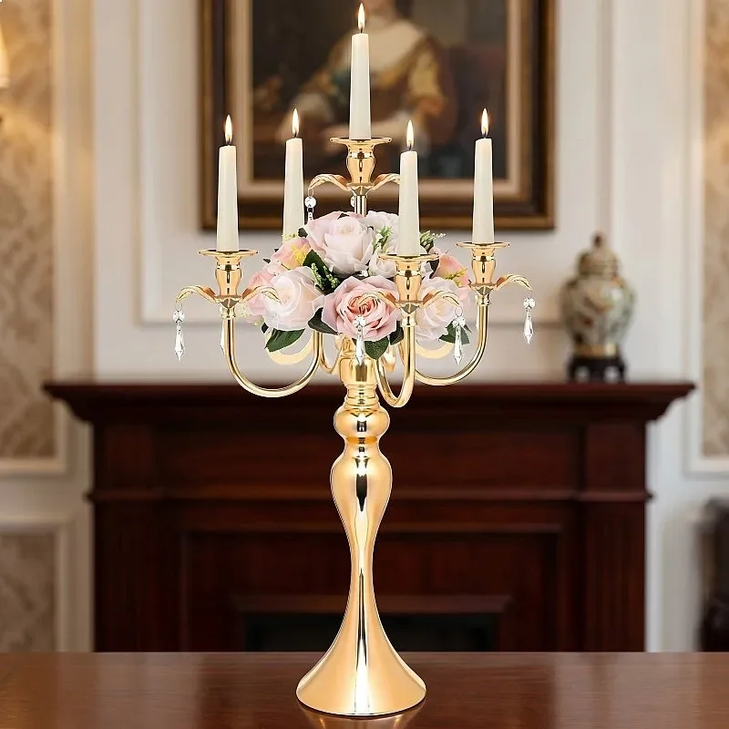 5-Arm Candelabra with K9 Crystal Drops Weighted Metal Candlestick Dual-Use Floral Centerpiece for Wedding Banquet Table Decor