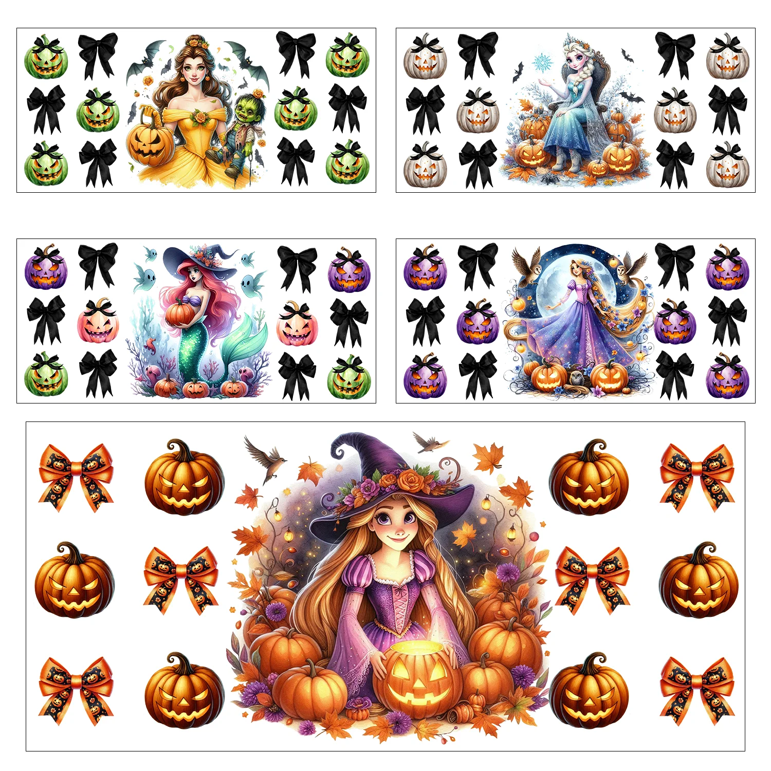 

5/10 sheets Halloween Princess Series easy peel waterproof DIY Decals 3D transfers uvdtf crystal stickers 16oz uv dtf cup wraps