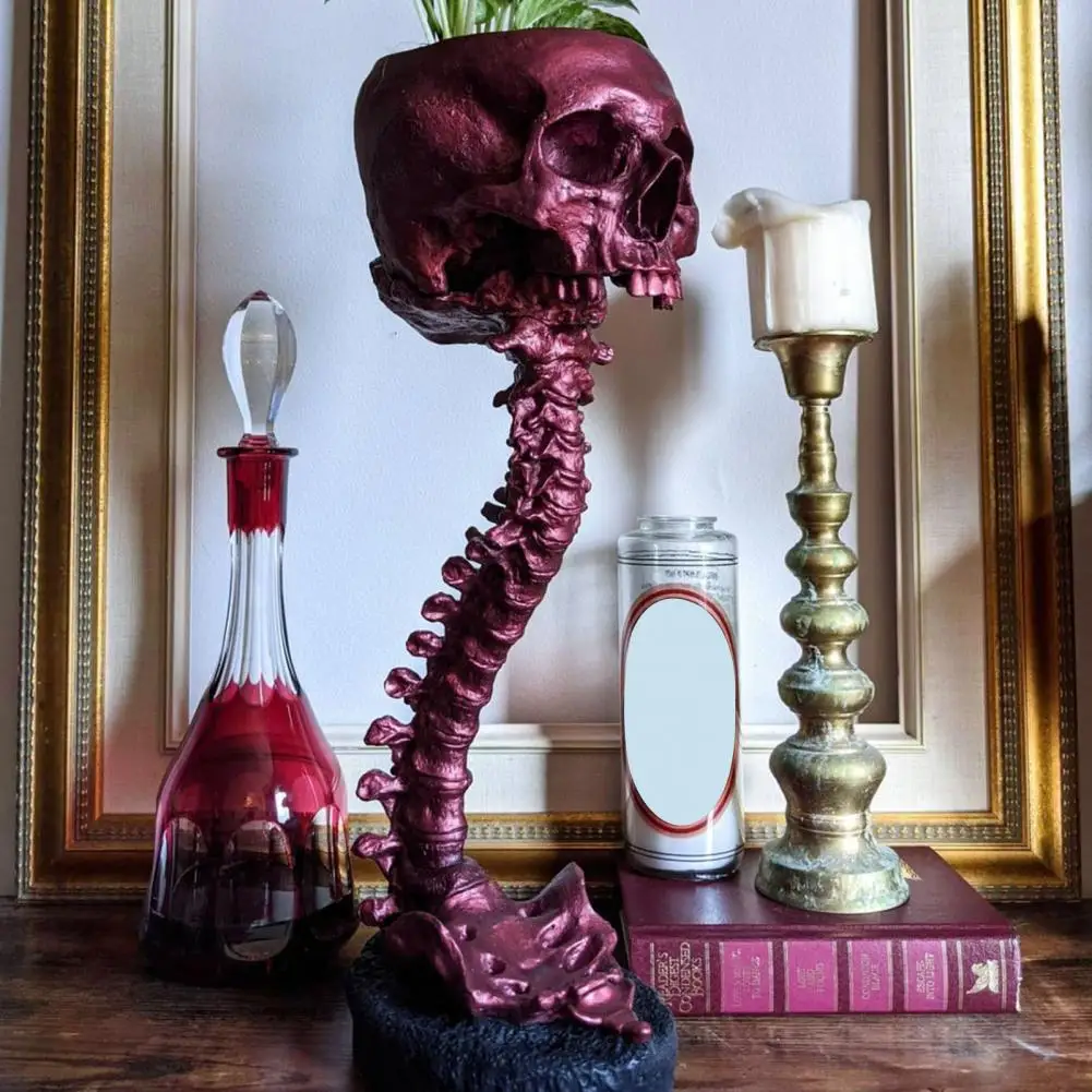 Modern Skull Planter Realistic Skull Planter with Spine Stand for Home Decor Halloween Candy Bowl Resin Flower Pot for Office