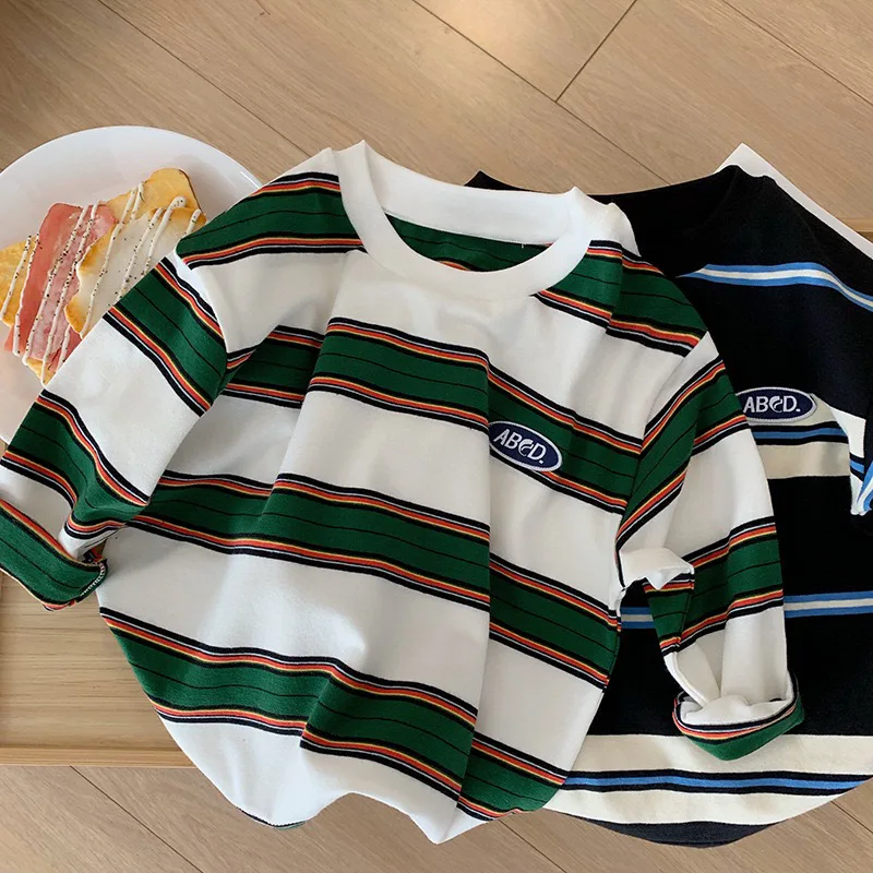 RAISE Spring Autumn Kids Boys T-shirt Cotton Striped Loose Sticker Casual Long Sleeves Infant Baby Girls Shirts Toddler Boys Top