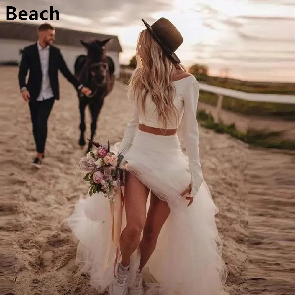 Vestido de novia bohemio de tul de manga larga, traje de sirena con cuello de barco, longitud hasta el suelo, Princesa de playa, matrimonio, 2 piezas