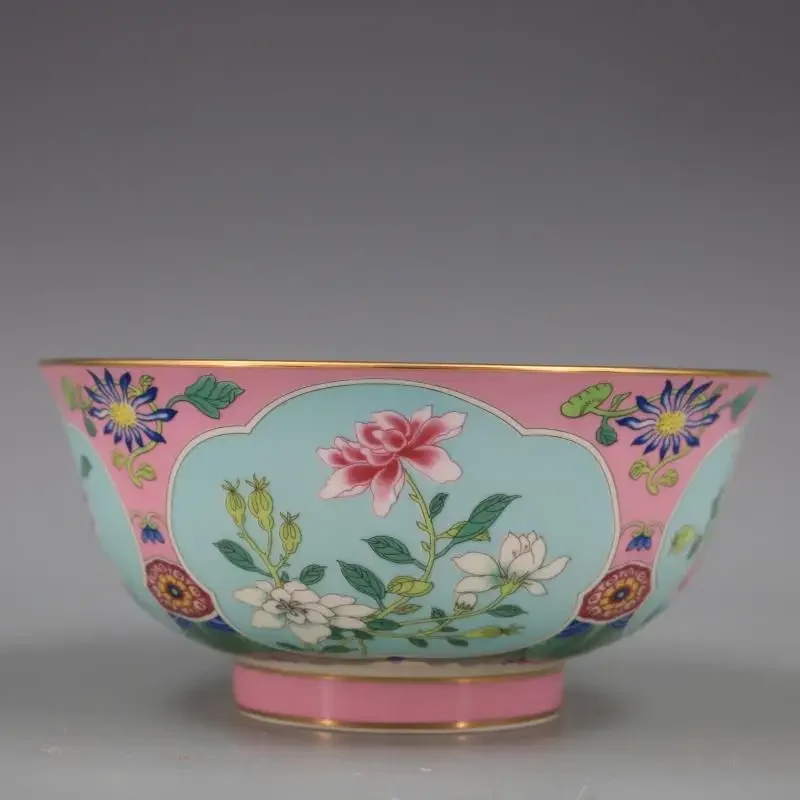 Pink Flowers Golden Bowl Antique Craft Porcelain Home Furnishings Antique Collection