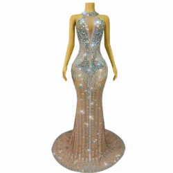 Luxury Heavy Trailing dress Sparkly Rhinestones Crystals chain Mesh Gown Women Evening Prom Red carpet Stage Costume Lancaihua