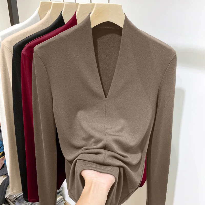 Women Thermal Underwear Winter Thicken Turtleneck Bottom Shirt De Velvet Autumn Warm Tops V Collar Long Sleeve Pullovers