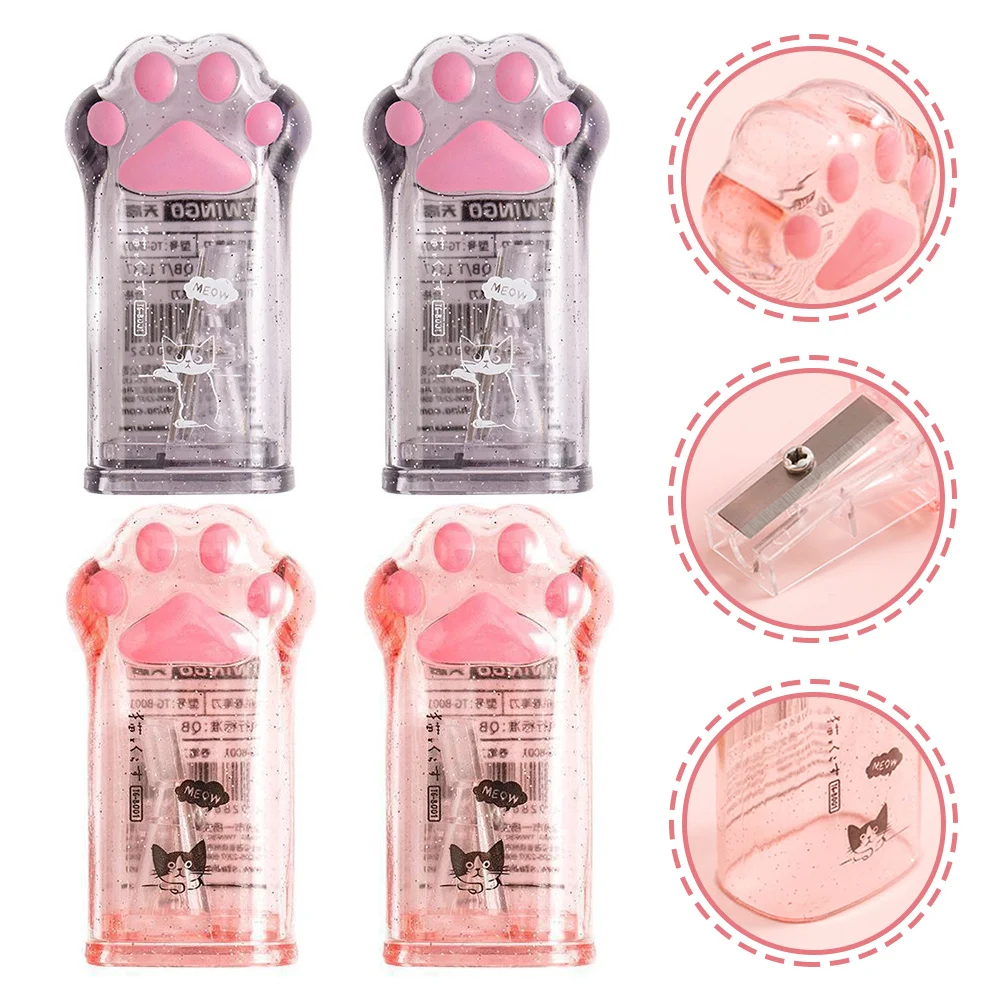 

4pcs Cat Paw Pencil Sharpeners Manual Kids Sharpener Clear Case Smooth Surface For School Students Stationery Cartoon Pencil