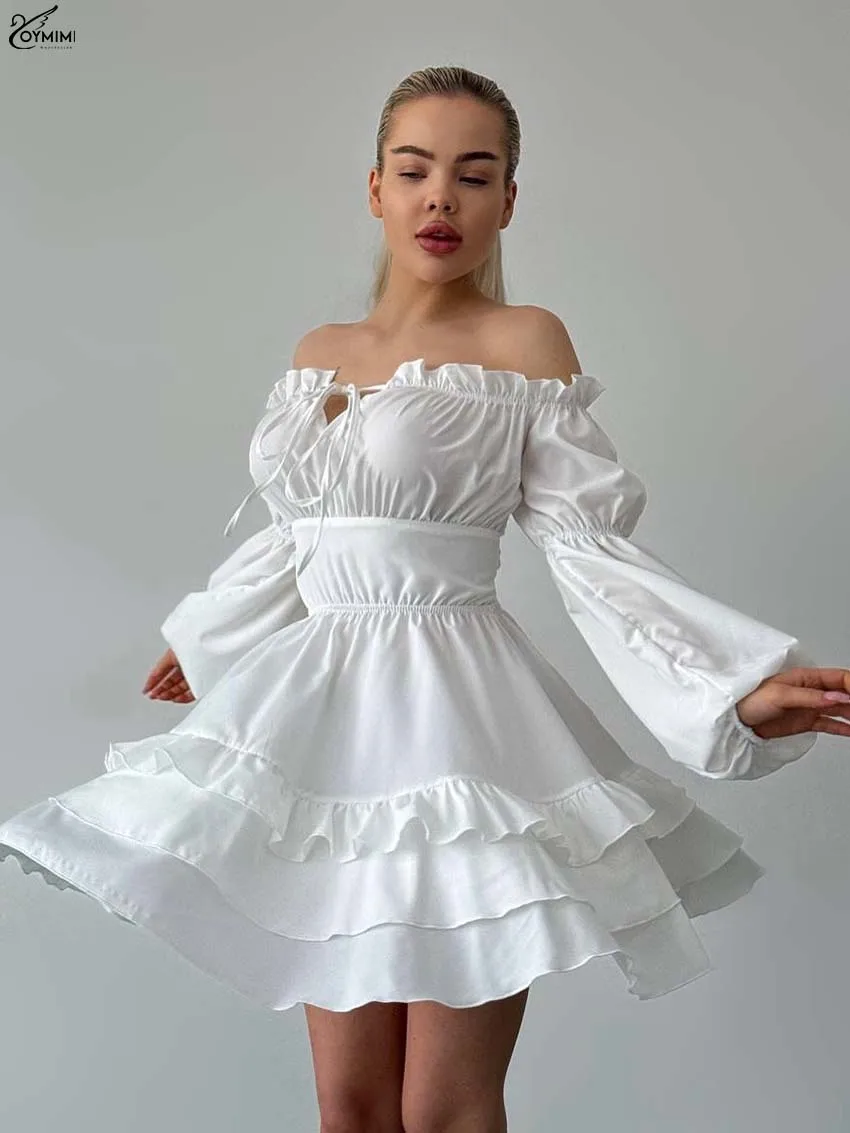 

Oymimi Casual White Strapless Women's Dress Autumn Long Sleeve Lace-Up Open Back Dresses Fashion High Waist Pleated Mini Dresses