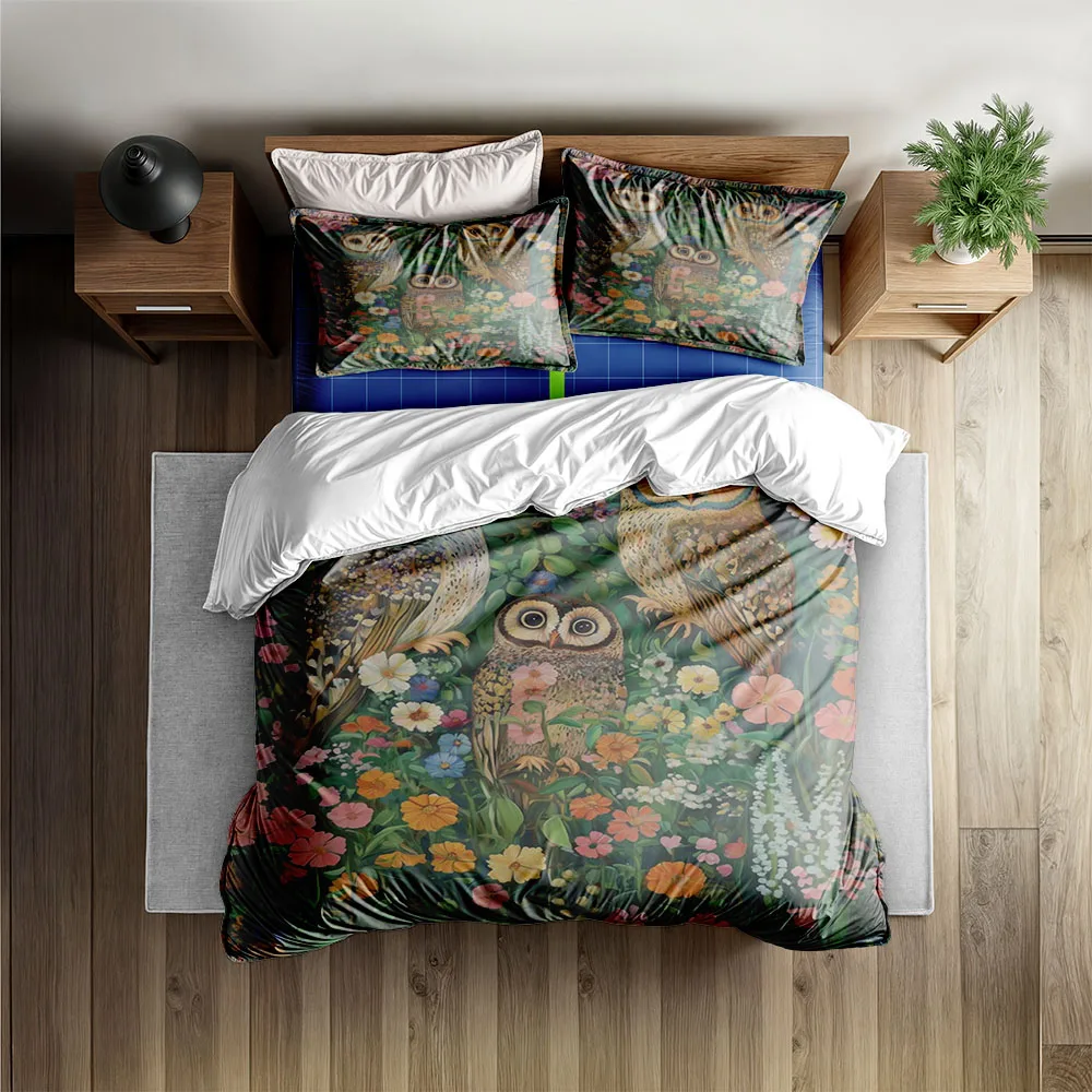 Cottage Yard Owl Garden Duvet Cover Set EU Single Double King US Twin Full Queen Size Bed Linen Set