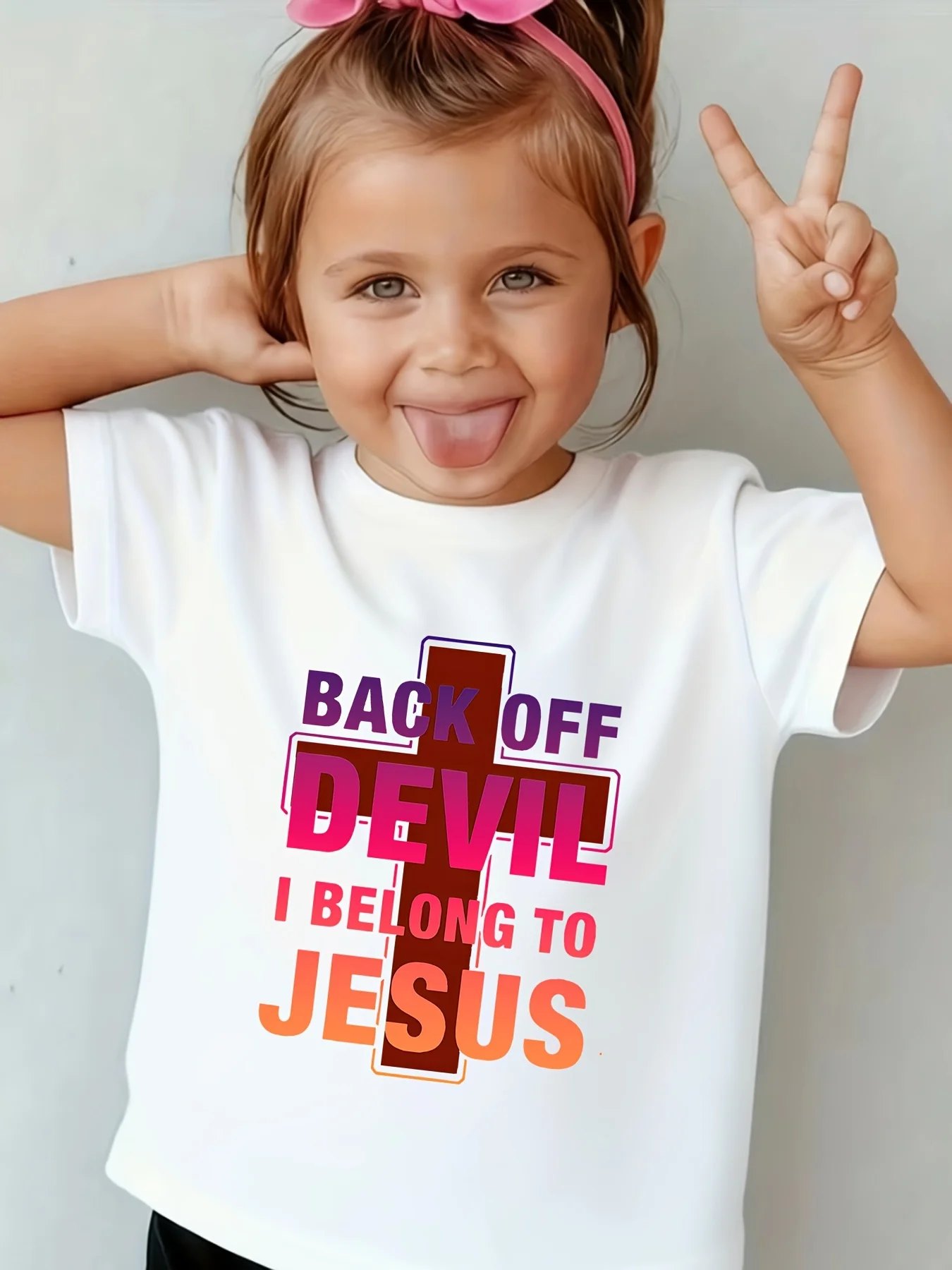 Kids Back Off Devil Jesus Cross Letter Graphic Tee Boys Girls Family Matching Short Sleeve Religious Faith Casual Daily T Shirt