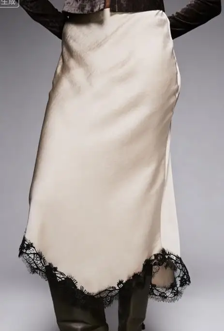 

Women Midi Satin Skirt with Asymmetrical Lace Trim Elegant Slim Fit High Rise Skirts for Daily Party