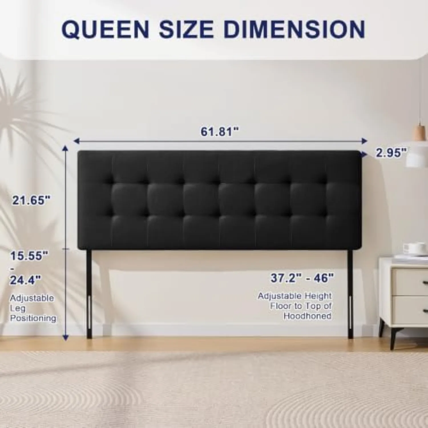 Linen Stitched Tufted Queen Headboard, Adjustable Height 37.2-46 in, Black | Wood Twin Headboard Only, Padded Support