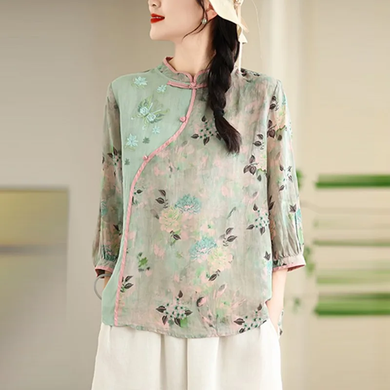 Chinese Style Women Casual Shirt New 2024 Summer Vintage Mandarin Collar Floral Embroidery Loose Female Tops Shirts B3889