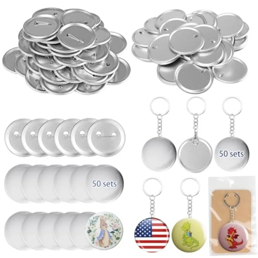 

100 комплектов 50 комплектов булавок + 50 комплектов брелок для ключей 58 мм 2,25 дюйма, принадлежности для изготовления пуговиц, подарочные булавки для ключей, металлические круглые детали для значков, изготовление Ki
