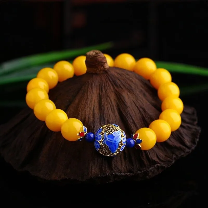 Ancient Gold Craft Yellow beeswax Beaded bangles Cloisonne Enamel Design Exquisite Pendant bracelet for women Classic Jewelry