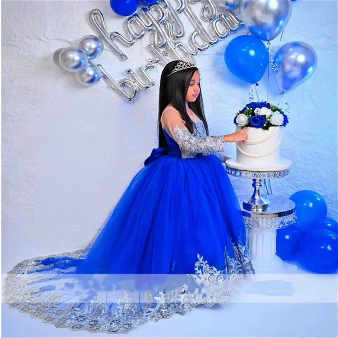 lower Girls Dress New Royal Blue 2025 Lace Appliques Beading Ball Gown Cute Birthday Party Communion Gown