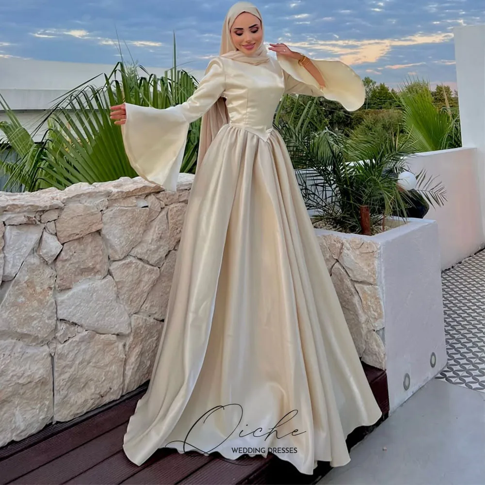 

QICHE Flare Sleeves Silk Satin Muslim Wedding Dresses Long Sleeves High Neck Bridal Gowns Saudi Arabic Customized Evening Dress