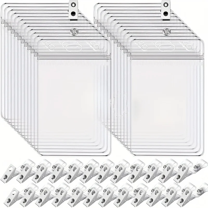 Transparent Name Badge Clip with Clasp, Waterproof PVC ID Card Holder, for Teacher, Student, Staff