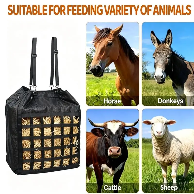 Slow Feed Bag for Horses with Multiple Access Openings, Two Clip Hangers, and a Closed Hanging Compartment for Trailers and 24BD