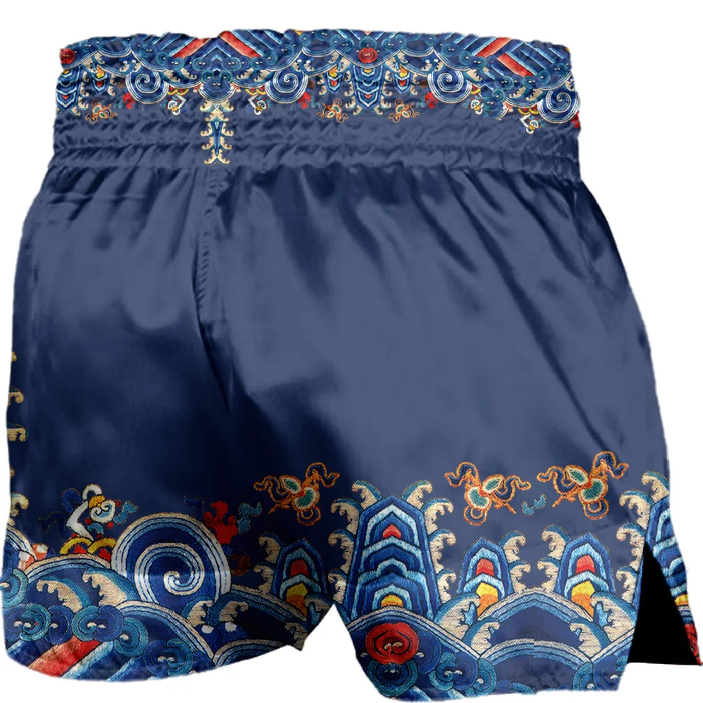 Men Navy Muay Thai Boxing Trunks Shiny Combat Shorts Ethnic Printed MMA Shorts