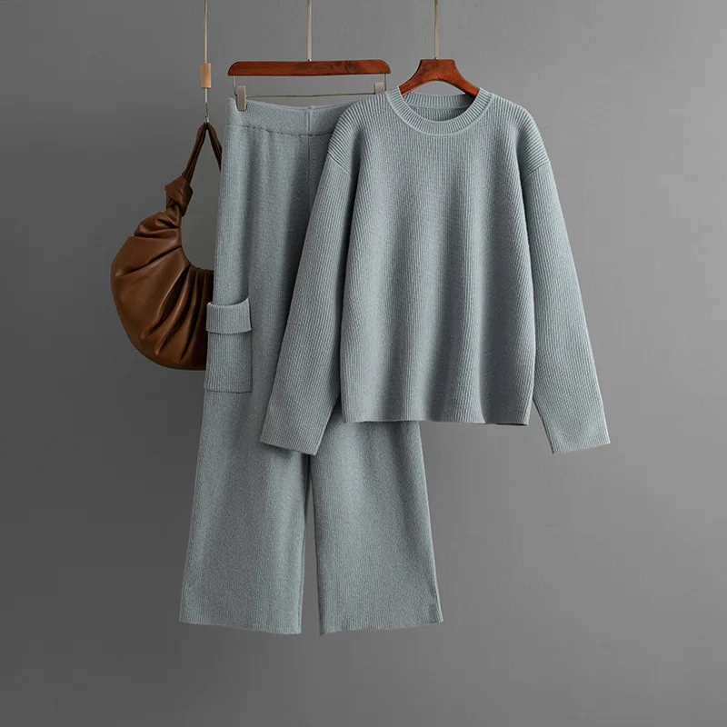 2025 Herfst Winter Nieuwe Mode Dames Losse Effen Kleur Casual Trendy 2-delige sets O-hals Truien Rechte wijde pijpen Broek