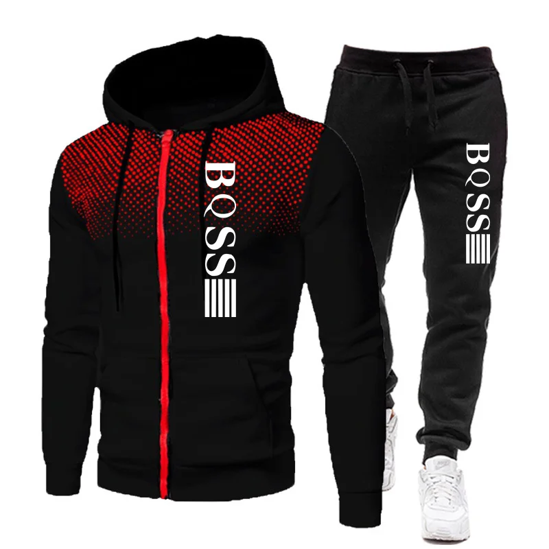 2024 dres męski Casual odzież do joggingu Outdoor zestaw bluzy z kapturem na zamek + czarne spodnie dresowe 2 sztuki 2024 wiosenne nowa, w stylu