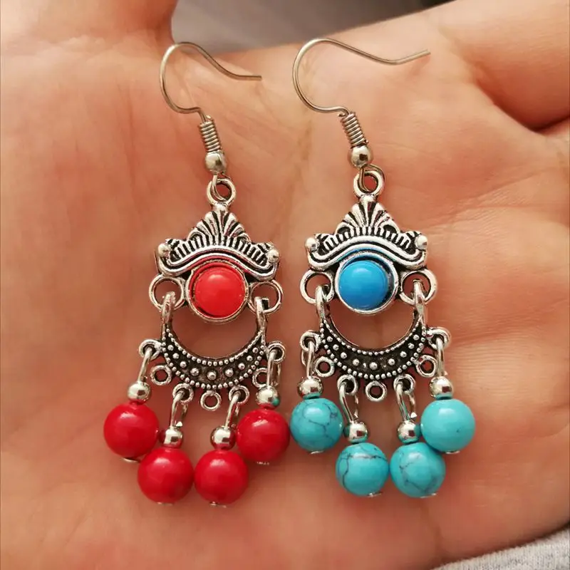 Hot Selling Vintage Ethnic Jewelry Tibetan Silver Turquoise & Red Coral Dangle/Drop Earrings Apply Any Occasion