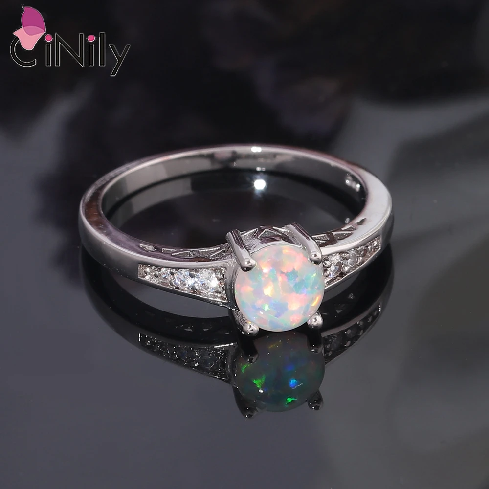 CiNily Simple Female Created White Fire Opal Round Rings with Cubic Zirconia Silver Color Wedding Rings for Women Fashion Jewelr