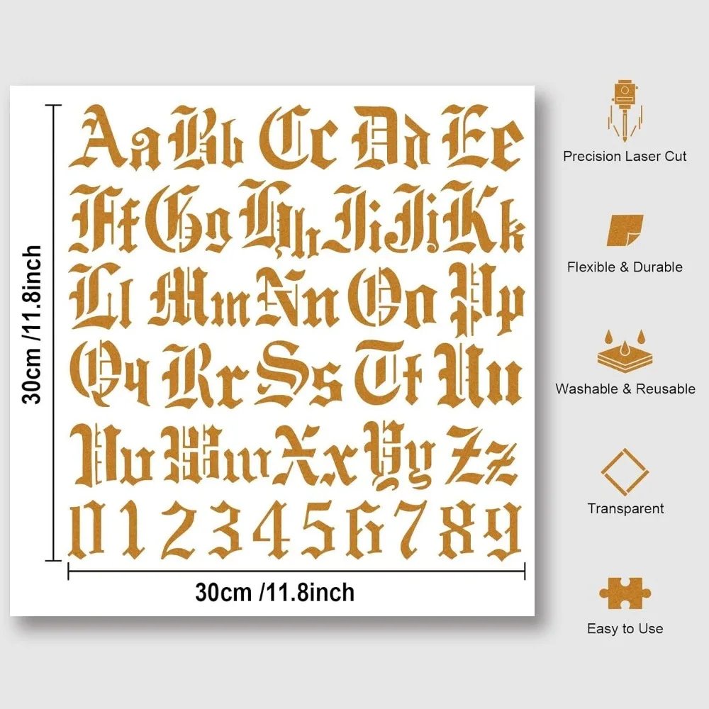 Gothic A to Z Alphabet Numbers Stencil, 11.81x11.81 Hollow Out Drawing Painting Template Reusable DIY Art and Craft Stencils