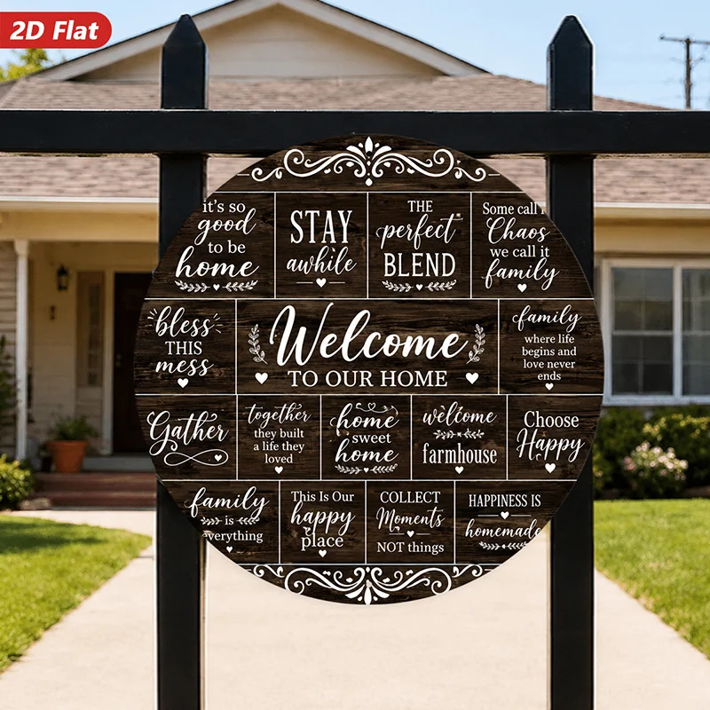 2D Flat, 1pc Farmhouse Family Quotes Round Metal Sign Wall Art, Home Decor, Welcome to Our Home, Rustic Wood Patchwork, White Sc