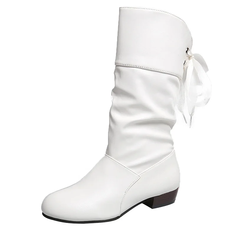 

Autumn plus-size student knight boots, low-heeled round-toed mid-calf boots with lace-up for warmth