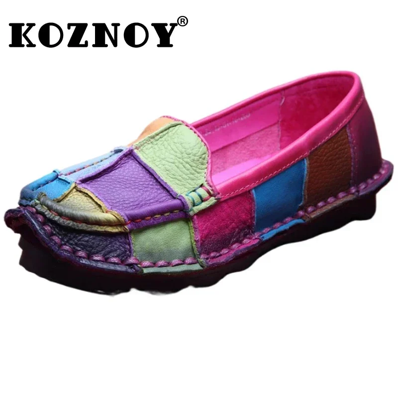 Koznoy 2.5cm Native Flats Shoes Women Natural Cow Genuine Leather Big Size Mixed Color Soft Soled Loafer Ethnic Moccasins Comfy