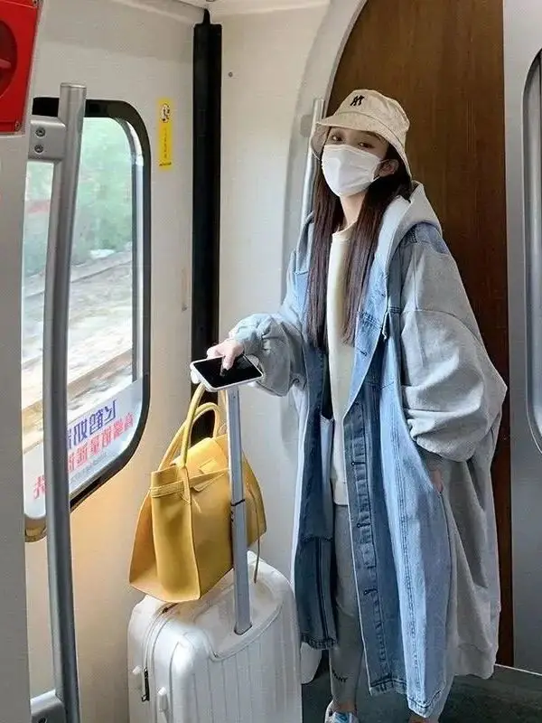 루즈핏 후드티 여성 데님 패치워크 캐주얼 워크웨어 아우터웨어 중간 길이 다용도 탑 대형 사이즈 300 포