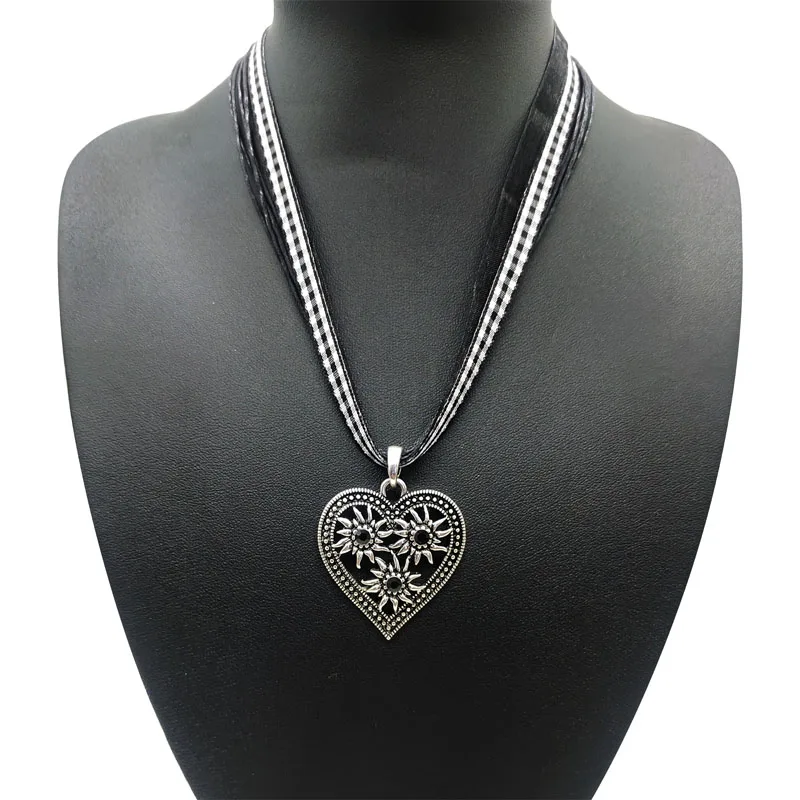 German Vintage Silver Color Love Heart Edelweiss Pendant Necklace Plaid Ribbon Adjustable Rope Chain Choker Women Party Jewelry