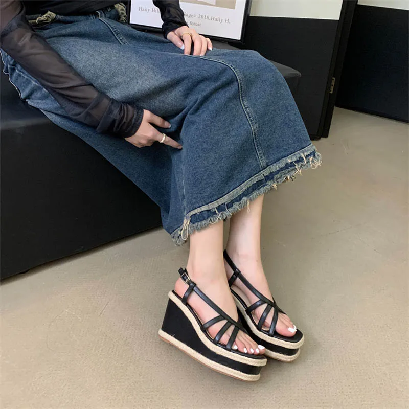 

White Heels Sandals Silver Belt Cross Wedges Shoes For Women Platforms High Heels Summer Black Sandalia Mujer Comodas 2024