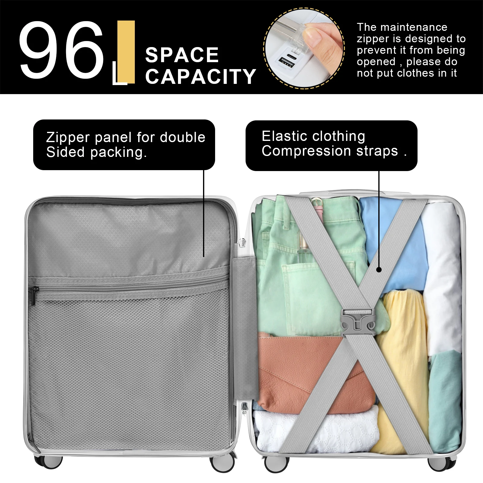 Hardside Mala com Suporte de Copo e Porta USB, Hard Shell Spinner Roda Bagagem, Abertura Frontal Carry on, 18"