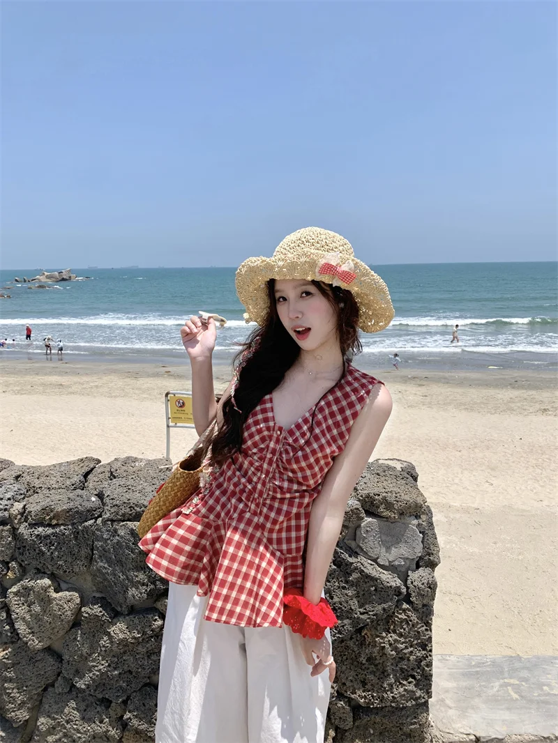 سترة نسائية بدون أكمام منقوشة باللون الأحمر بتصميم كلاسيكي ملابس خارجية صيفية بتصميم مثير لقضاء عطلة الشاطئ سترة يابانية حلوة...