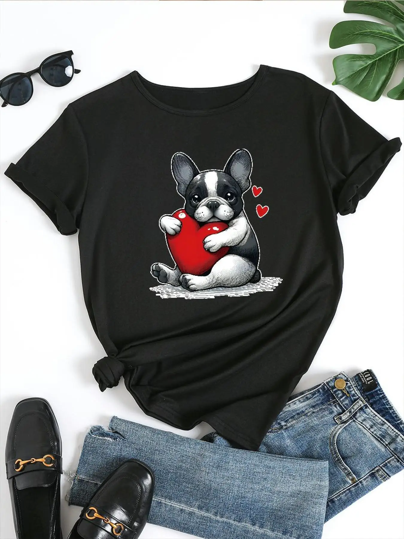 2023 Nieuw casual T-shirt met korte mouwen voor dames - schattige Franse Bulldog & harten grafische print, zwart T-shirt met ronde hals