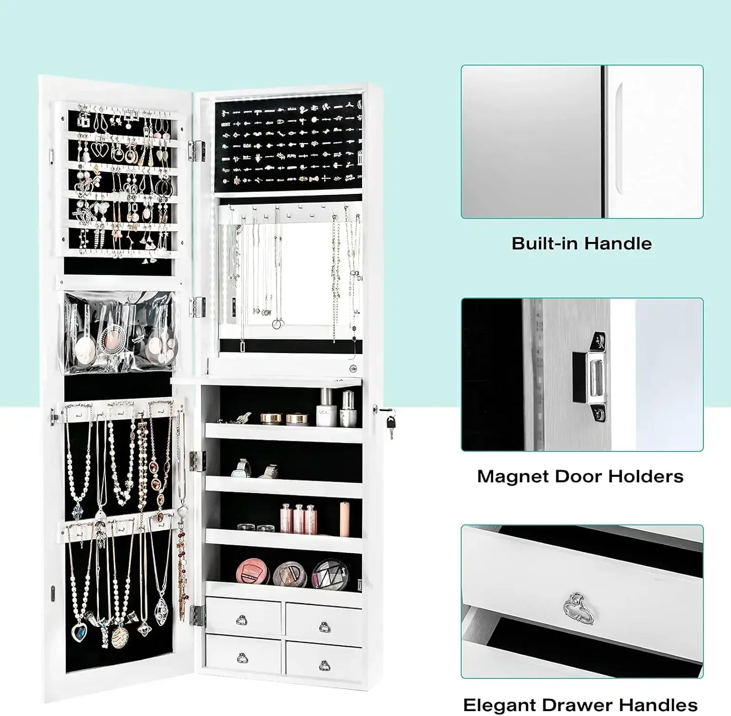 

A LED Strip Wall/Door Mounted Jewelry Cabinet With Built-in Mirror Flip-over Cosmetic Tray 4 Drawers Large Storage Jewelry