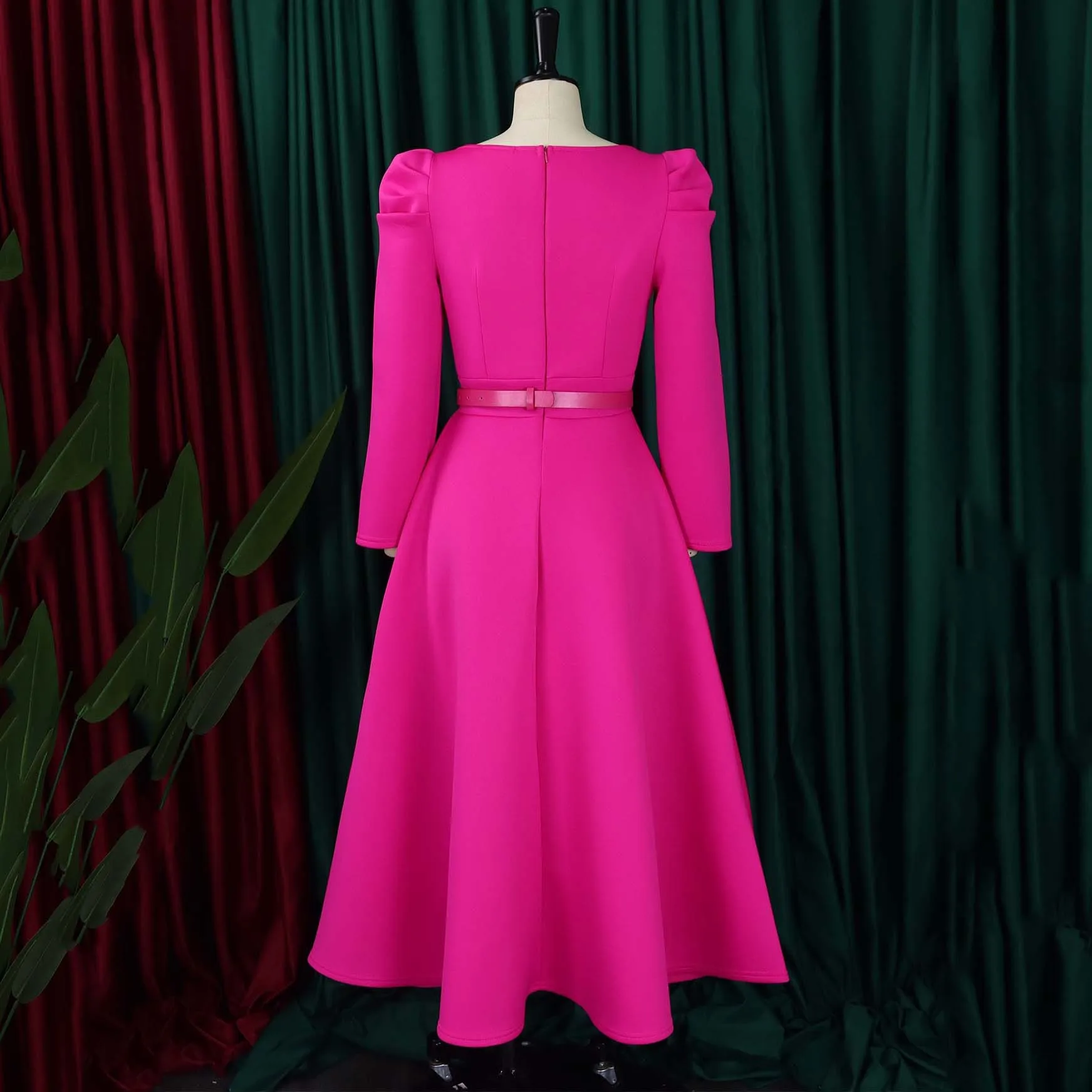 Elegant Dresses for Women Square Neck Full Sleeve Belt Waisted A Line Ankle Length Luxury Female Birthday Party Dinner Dress Hot