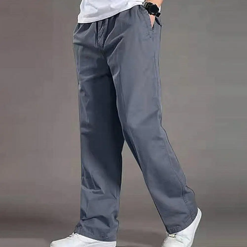 Men Cargo Pants Elastic Mid Waist Wide Leg Pants Smooth Soft Straight Multi Pockets Cotton Sports Long Trousers Sweatpants