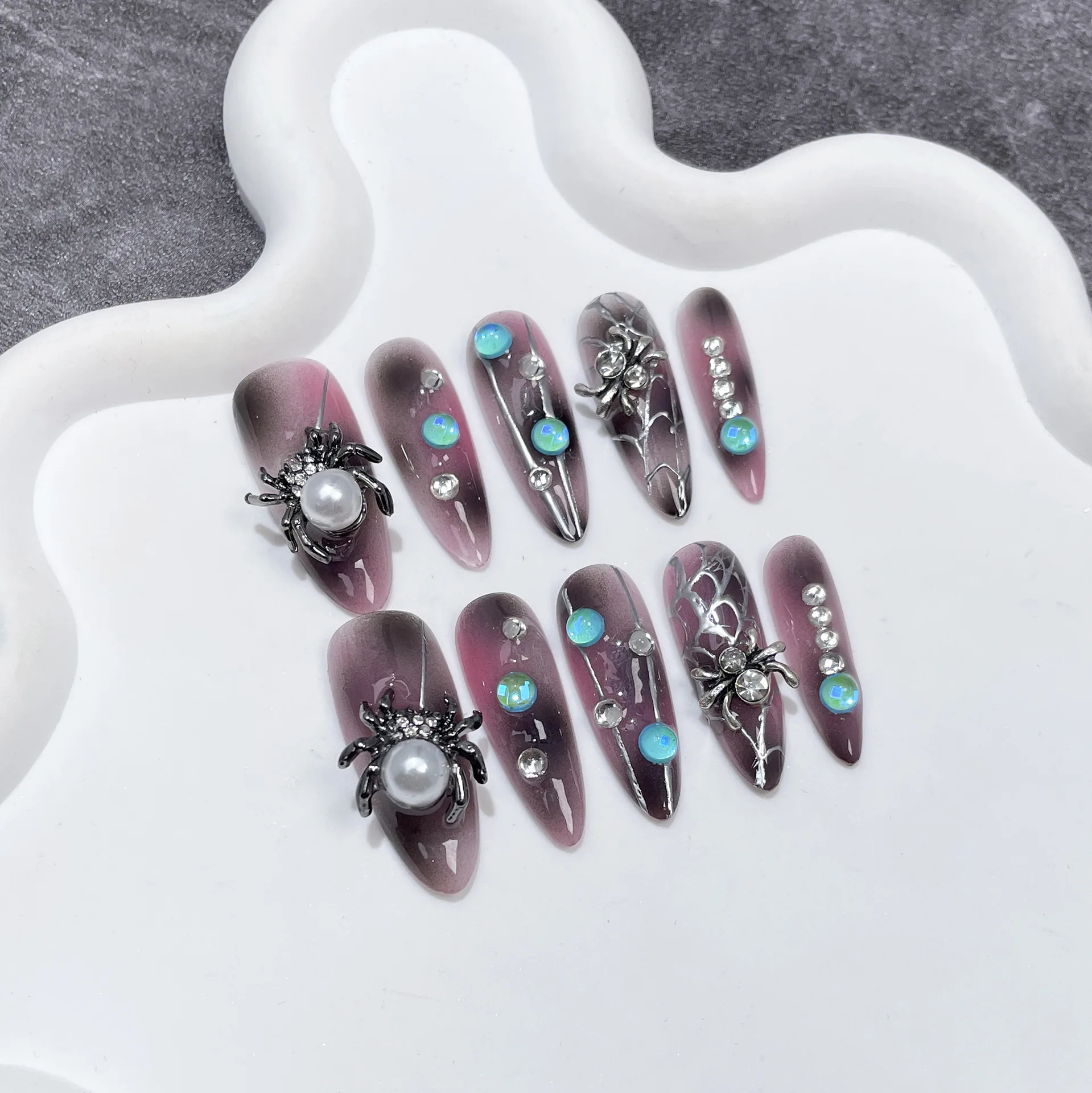 Gothic Spider Themed Press On Nails with Pearl Rhinestone Decor Multiple Sizes Gradient Purple Spider Web 3D Spider Design for
