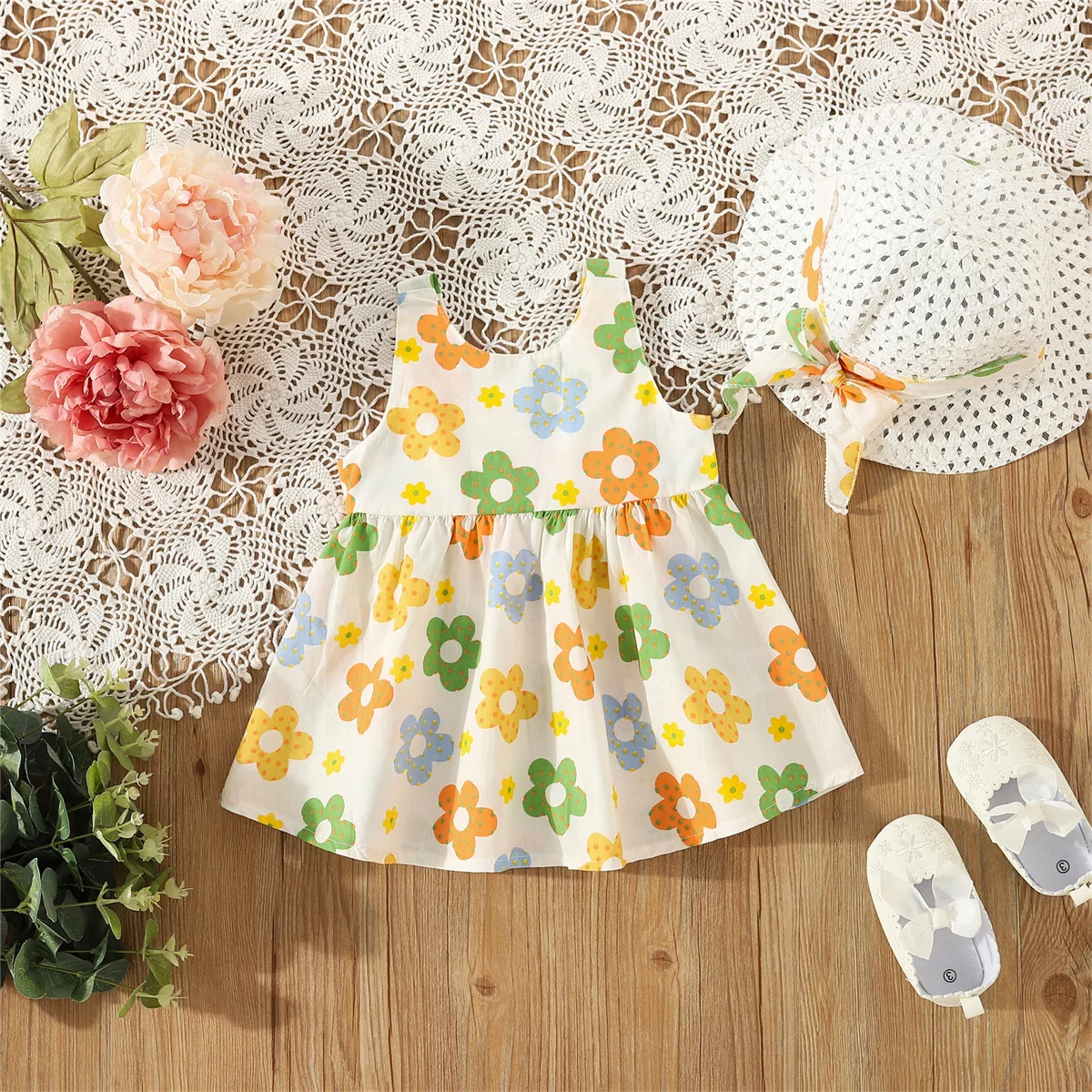 2/Piece Set Of Baby Girl Dress Hat Summer Girl Flower Print Big Bow Beach Sleeveless Princess Dress